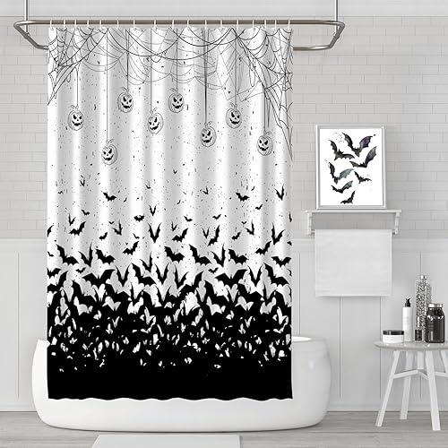 Miniatura 2 de Cortina de ducha de Halloween, cortina de ducha de murciélago aterrador con 12 ganchos, cortinas de ducha de calabaza de terror de Halloween para