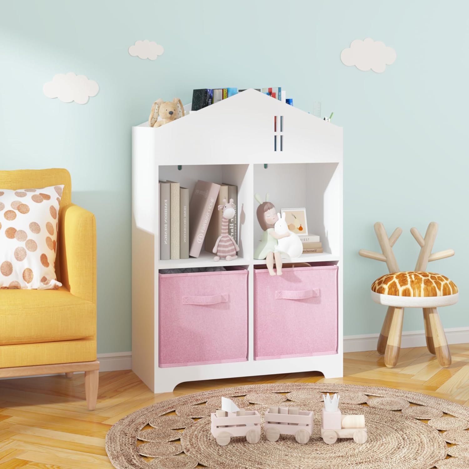Kids Dollhouse Bookcase with Storage, Toddler Bookshelf, 2-Tier Storage Display Organizer with 2 Collapsible Fabric Drawers for Boys Girls Bedroom, Playroom House Bookshelf White+Pink