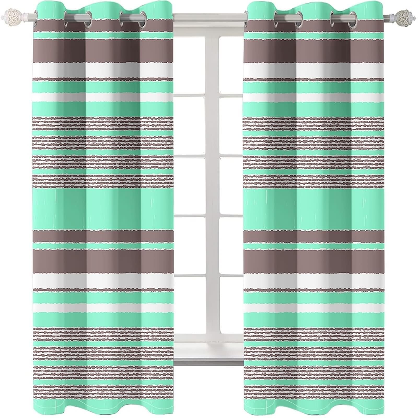 Zasłony nieprzezroczyste, do sypialni, zestaw 2 sztuk, 2 x 132 x 274 cm (wys. x szer.), zasłony kuchenne, nieprzejrzyste, zielone, brązowe, białe paski, zasłona na przelotkach, zasłona z oczkami