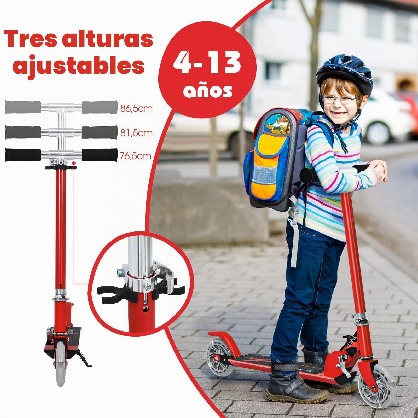 COSTWAY Patinete Niño,4 a 13 años, Scooter Roller con 2 Led Ruedas, Altura Ajustable, Patinete Plegable hasta 70kg