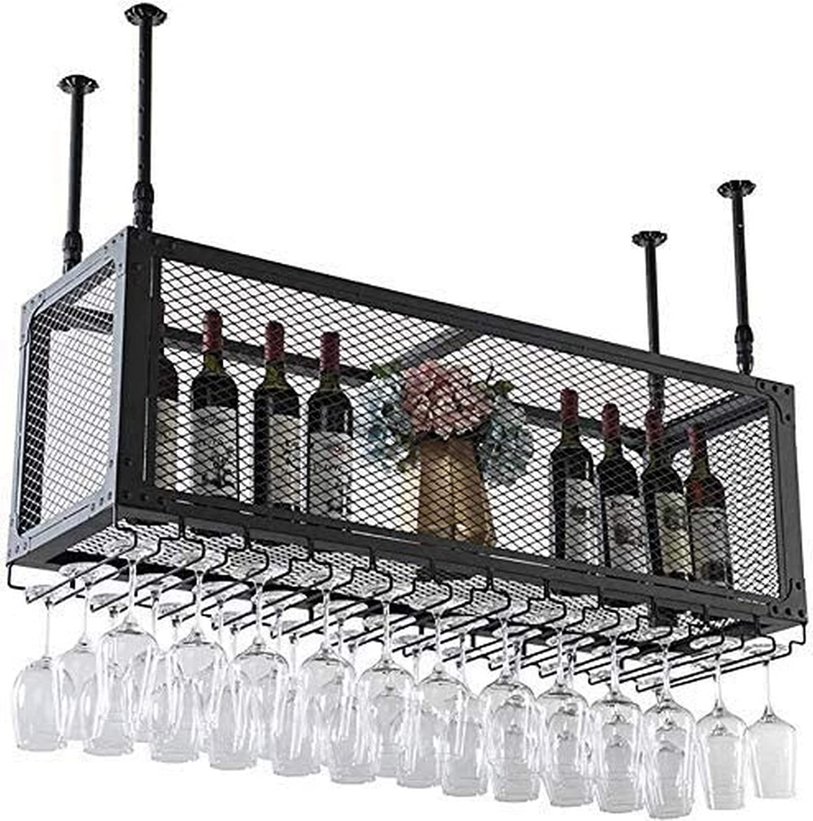 Casier à vin suspendu en métal robuste à 2 couches pour bouteilles et verres