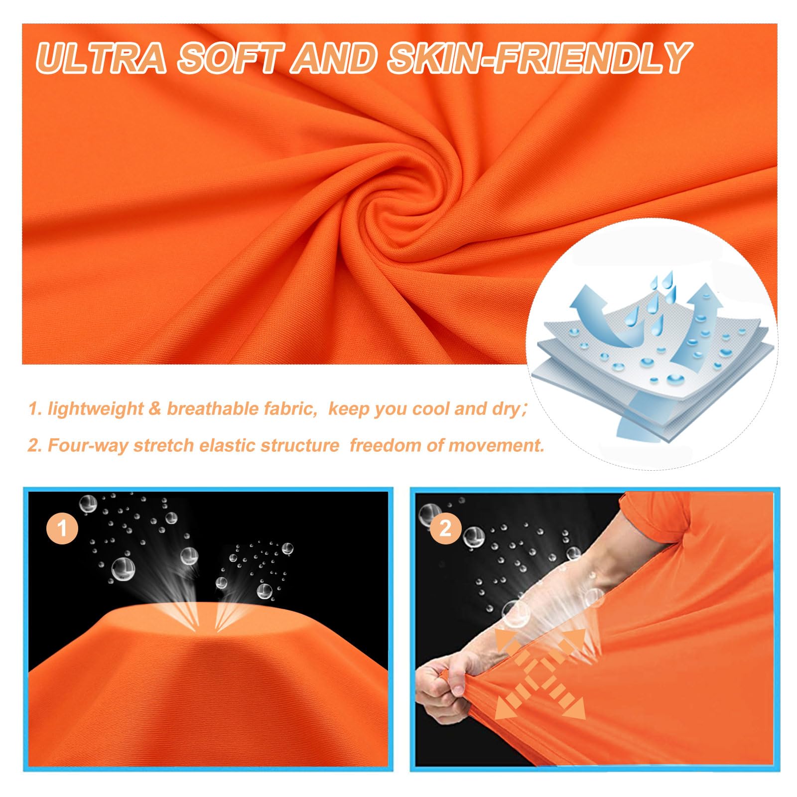 Rash Guards Męska koszulka sportowa z siatką ochronną przeciw promieniom UV koszulki sportowe krótki rękaw koszulki do biegania basen ochrona przeciwsłoneczna UPF 50+, Pomarańczowy, S