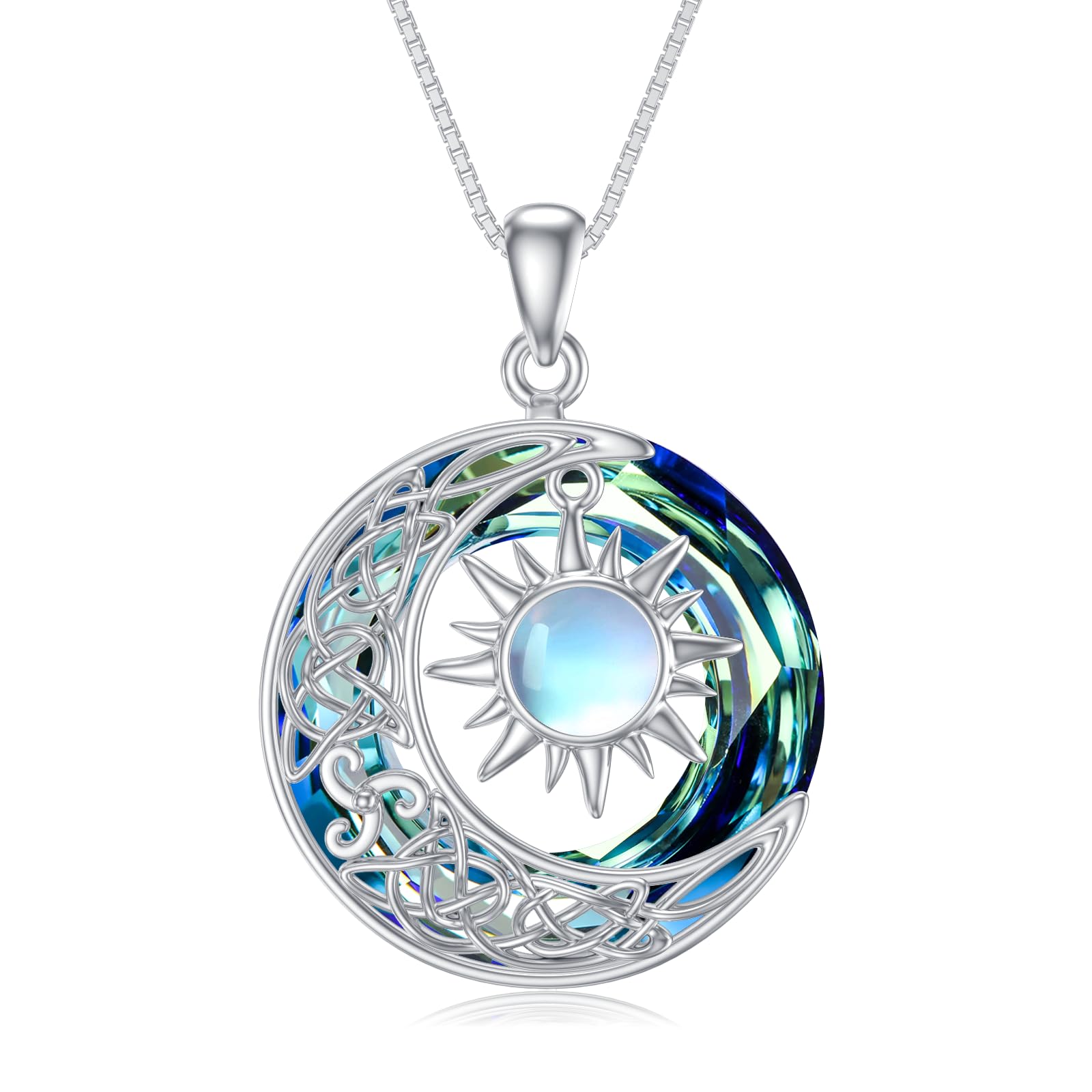 REDSUN Collana con ciondolo a forma di luna e sole, in argento Sterling 925, motivo celtico, con pietra di luna e sole, gioiello regalo per donne e ragazze