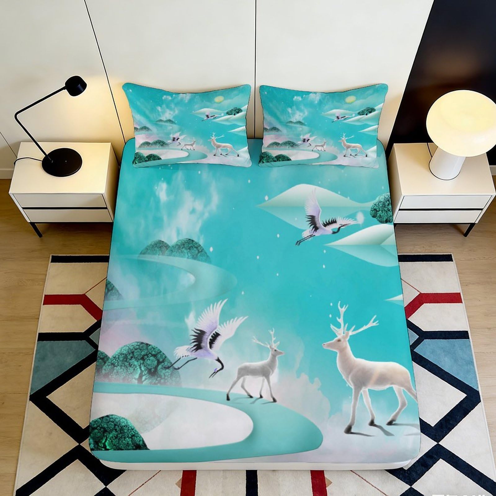 3D Printed Deer Landscape Fitted Sheet Microfiber Soft Turquoise Cranes Mattress Cover for Bedroom Dorm Decor 90x200x25cm