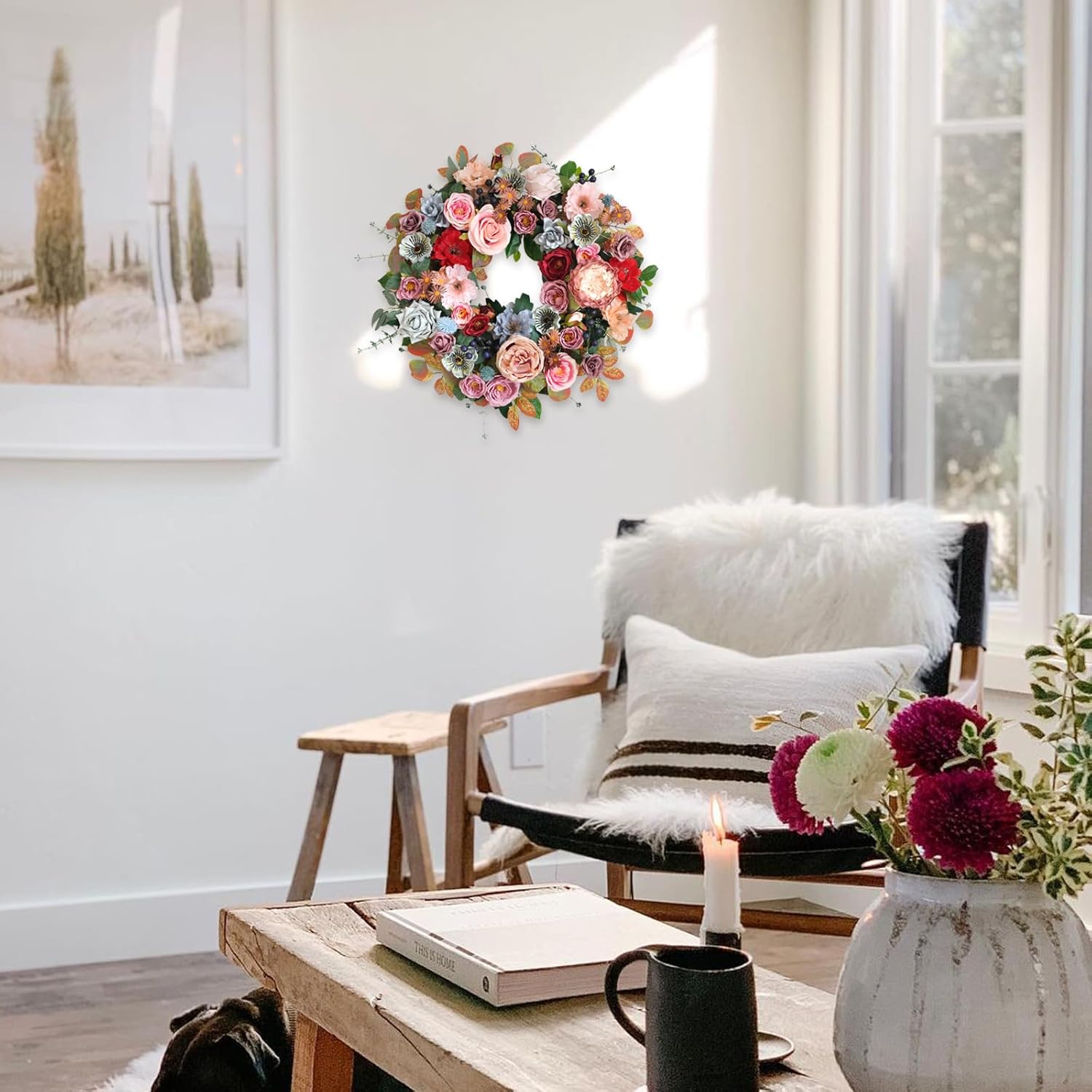 22 Inches Spring Summer Everyday Flower Wreath for Front Door, Artificial Roses Peony Wild Flowers Wreath for Indoor Outdoor, Green Leaves Floral for Home Decor