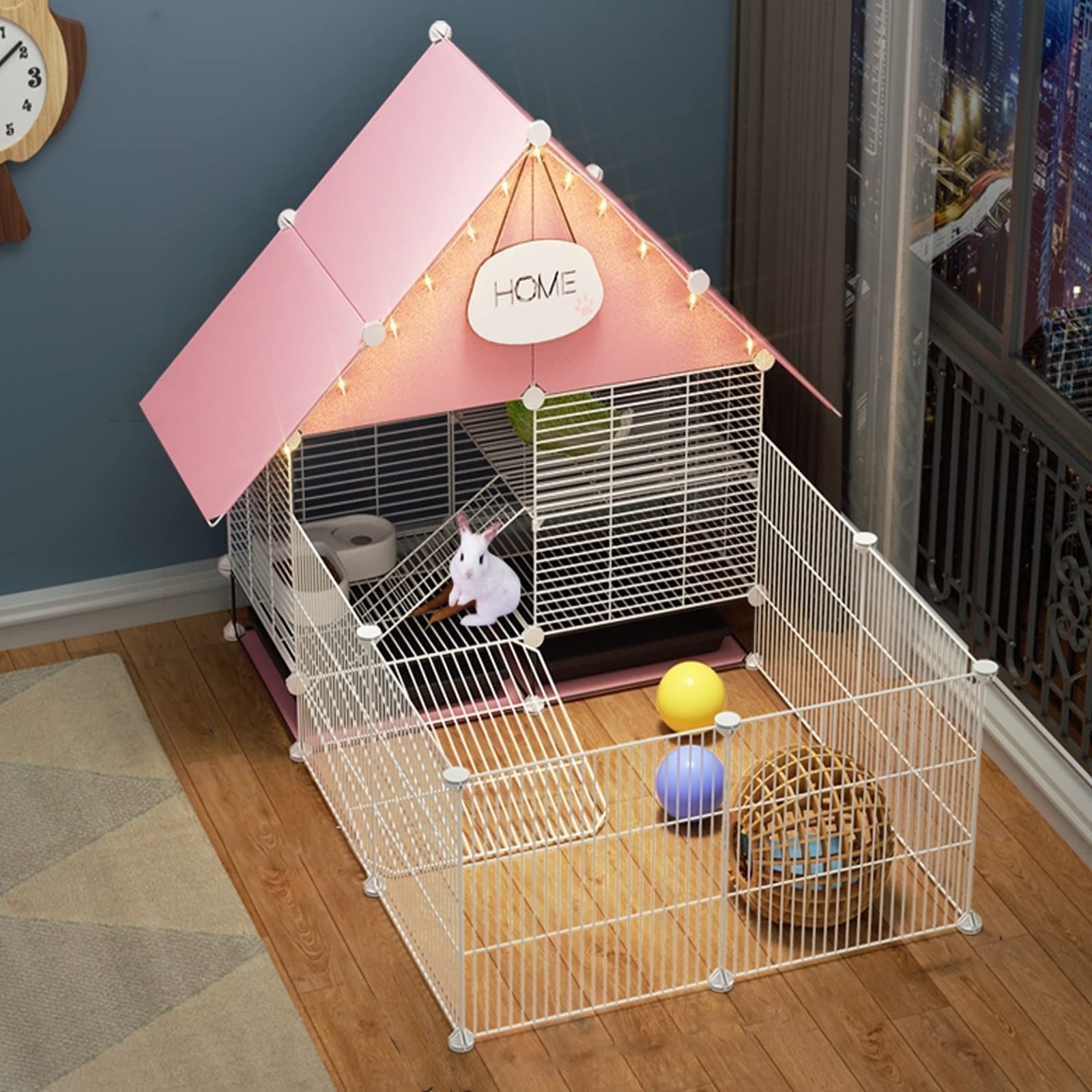 2-Story Rabbit Cage Indoor Bunny Hutch With 2 Deep Pull-Out Trays Small Animals Outdoor Pet House With Waterproof Roof For Ferret, Chinchilla, Hedgehog (Color : Pink, Size : 75 * 111 * 92cm)
