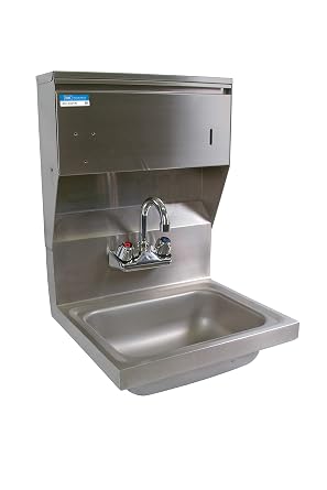 BK Resources BKHS-W-1410-4D-TD-PG Wall Mounted Stainless Steel Hand Sink with 4" On Center Splash Mount 3.5" Gooseneck Faucet and Towel Dispenser, 13-3/4"W x 10"D x 5" Deep Bowl Size