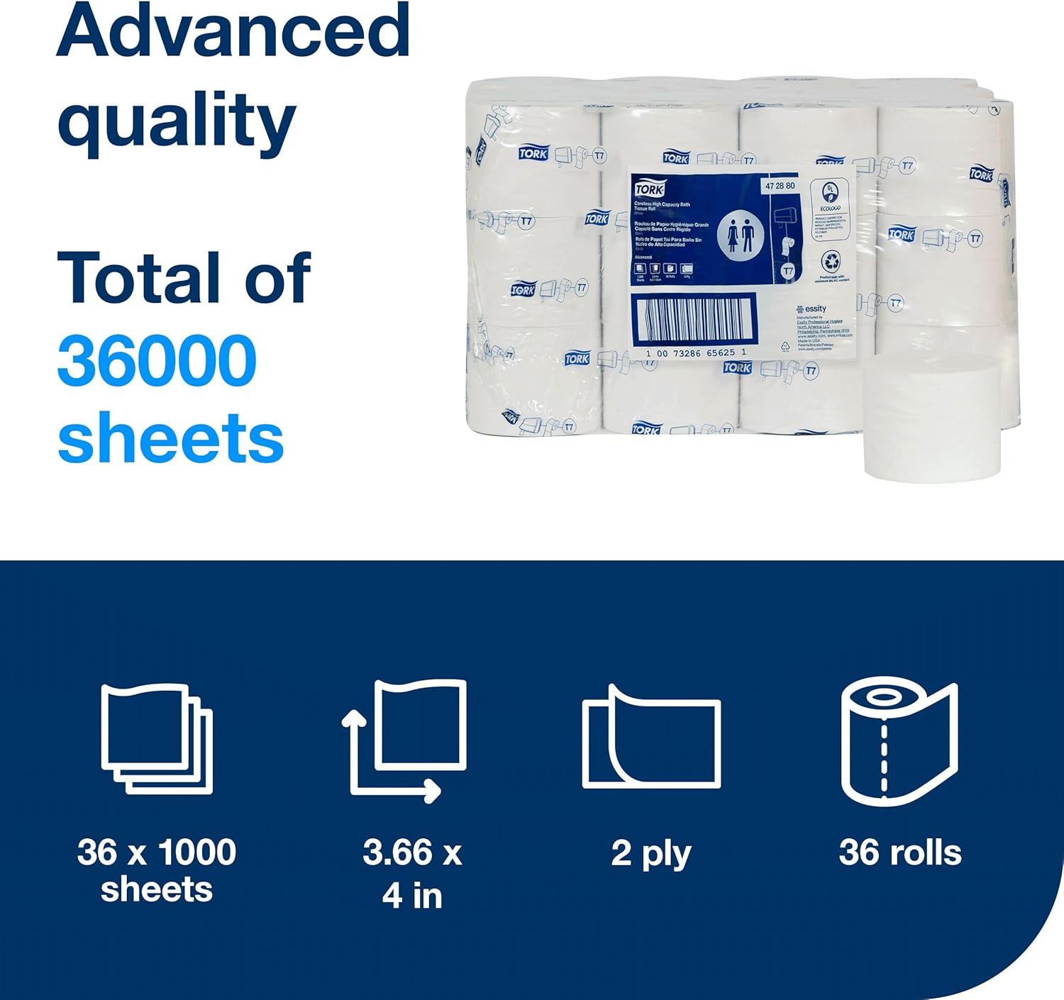 Tork Coreless High-Capacity Toilet Paper Roll White T7, Advanced, 2-Ply, 36 x 1000 sheets, 472880