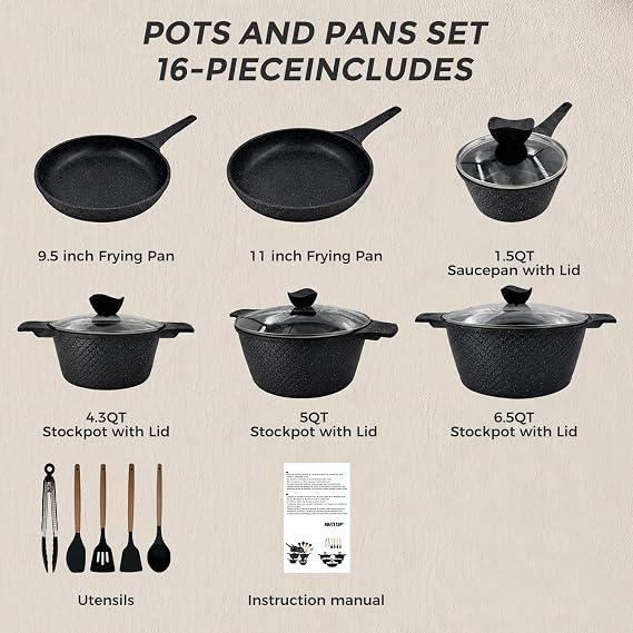 16 Piece Ceramic Pots and Pans Set, Nonstick Cookware Set with Lids & Kitchen Utensils, Healthy Ceramic Cooking Set, Induction Compatible, Dishwasher Safe, PFOA & PFAS Free, Black