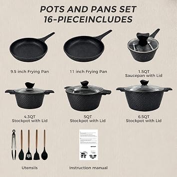 16 Piece Ceramic Pots and Pans Set, Nonstick Cookware Set with Lids & Kitchen Utensils, Healthy Ceramic Cooking Set, Induction Compatible, Dishwasher Safe, PFOA & PFAS Free, Black