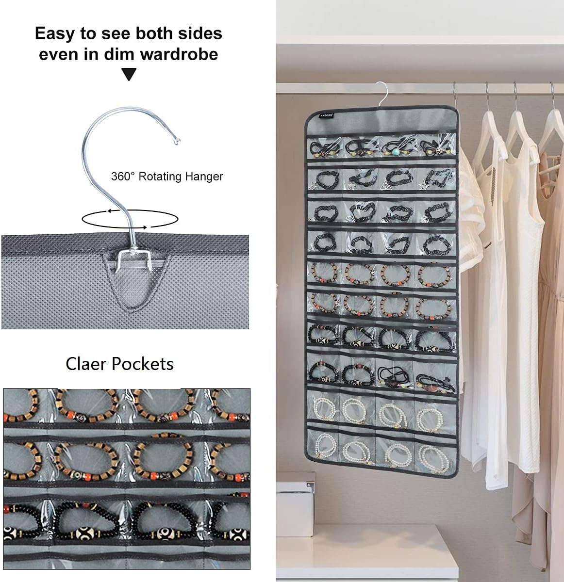 Dual-sided Hanging Jewelry Organizer with 40 Pockets and 20 Hook Loops Necklace Holder Jewelries Organizer for Earrings Bracelets Rings with 360 Degree Rotating Hanger (40 Pockets and 20 Hook Loops-Grey)