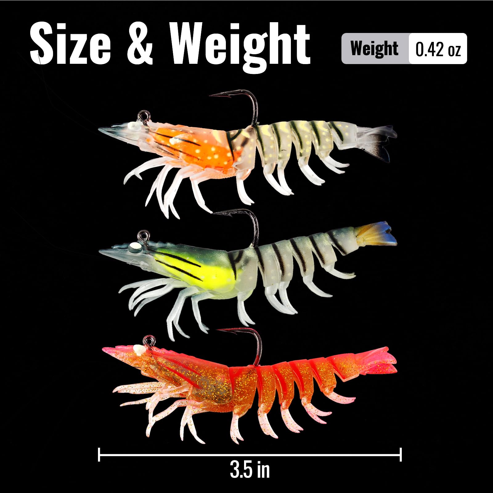 3 esche da pesca per gamberetti per acqua salata e d'acqua dolce esche morbide pre-truccate occhi luminosi realistici in silicone per spigola, trota, scorfano, passera, crappie, snook