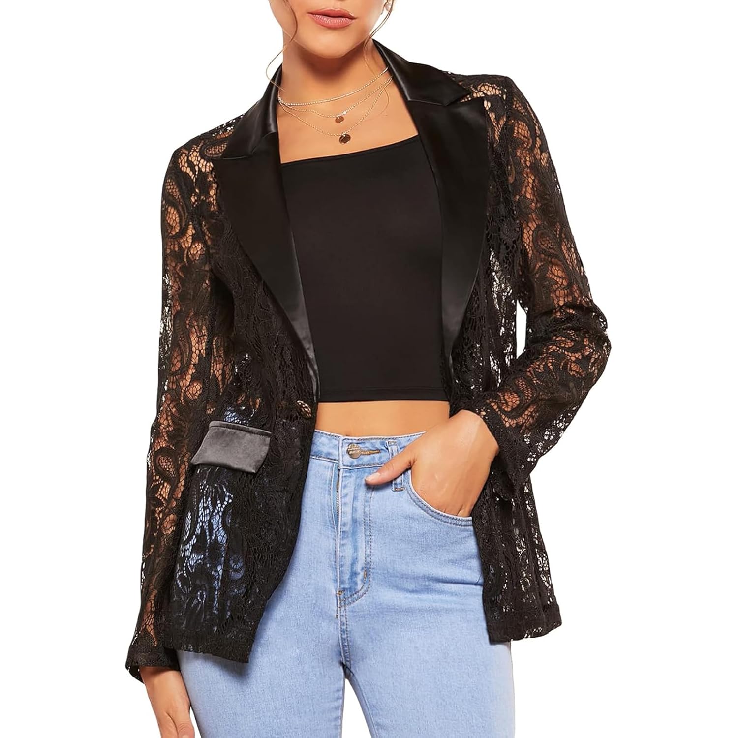 Womens Floral Lace Blazer Lightweight Single Button Lapel Neck Sheer Mesh Jacket Office Outfits