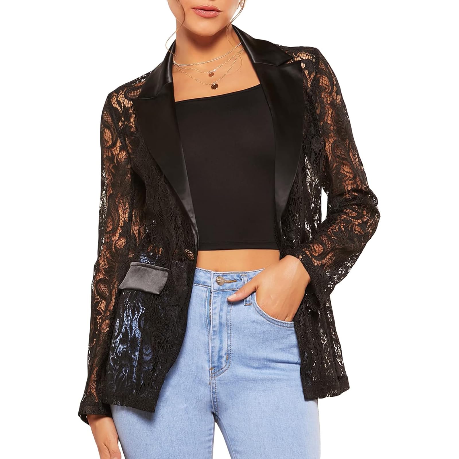 Womens Floral Lace Blazer Lightweight Single Button Lapel Neck Sheer Mesh Jacket Office Outfits