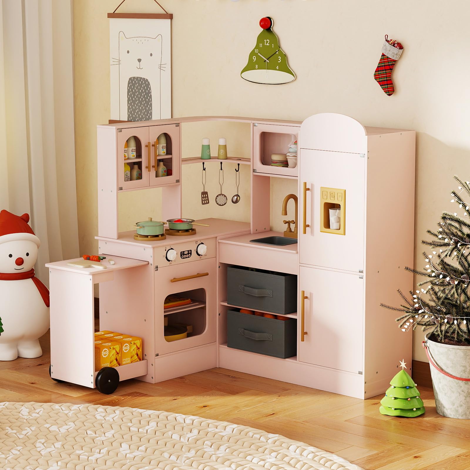 HOMASIS Cucina ad Angolo con Carrello Scorrevole, Luce e Suono, Cucina Giocattolo in Legno con Forno, Microonde, Macchina del Ghiaccio, Fornello, per Bambini da 3 Anni in su (Rosa)