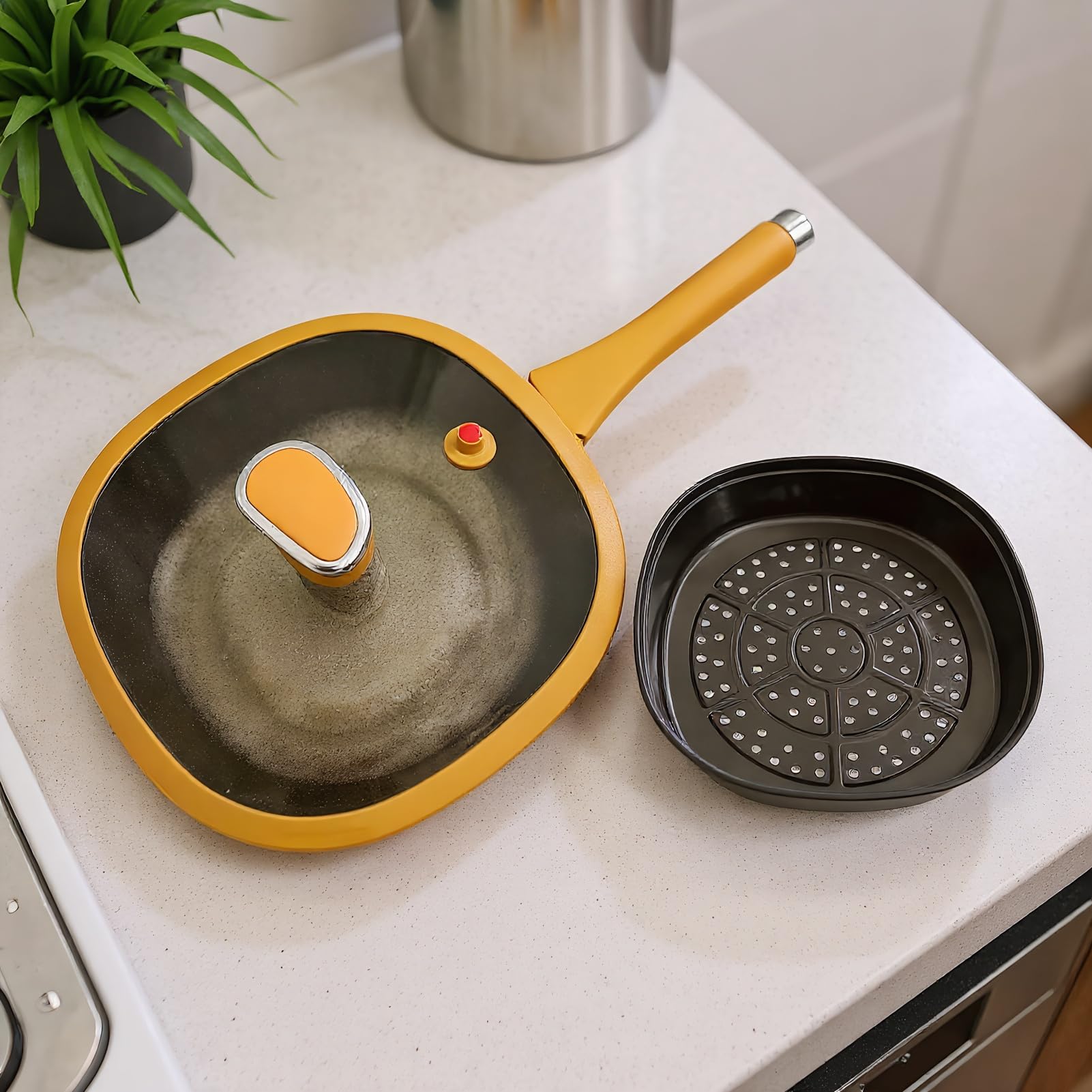 Poêle à frire - 12 pouces de saute profonde et couvercle poignée ergonomique pour la cuisson, utilisation du four avec plusieurs fonctions pour la cuisine pour la cuisine intérieure extérieure, revête