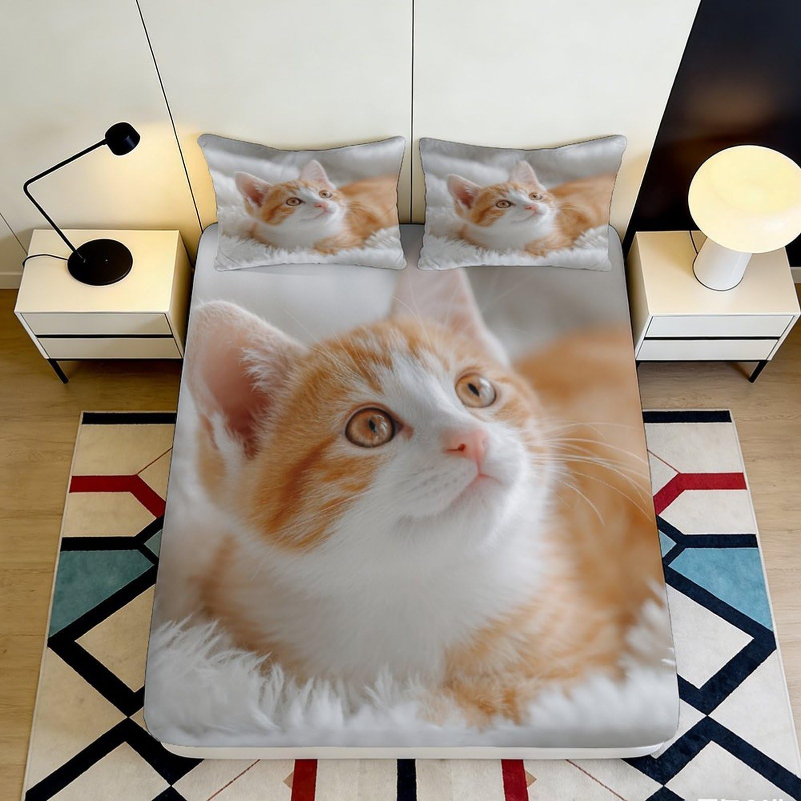 3D Printed Orange Tabby Cat Fitted Sheet Microfiber Soft Breathable Realistic Kitten Mattress Cover for Bedroom Home Decor 90x200x25cm