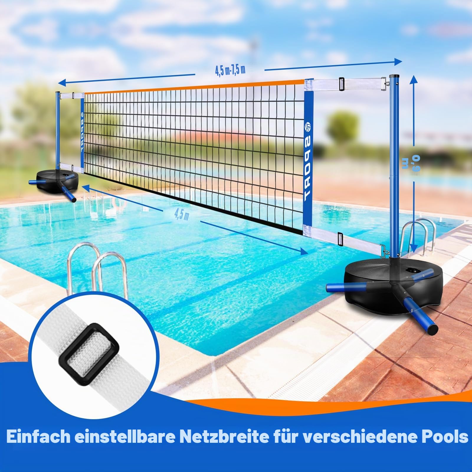Furypiont Pool Volleyball Net - Portable Indoor/Outdoor Swimming Pool Volleyball Net System with 2 Water Volleyballs and Heavy Duty Base.Adjustable Length 15-25FT for Pickleball and Tennis Net
