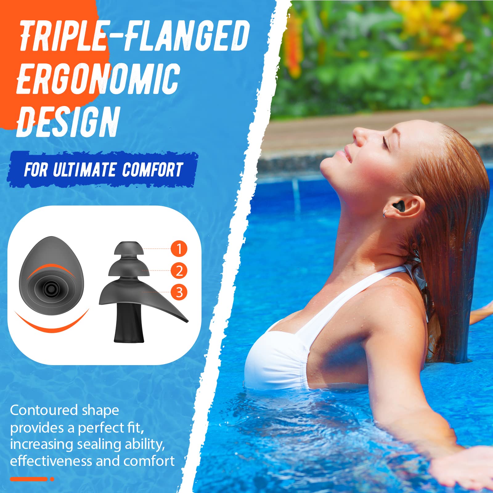 Bouchons D'Oreille Natation Eargrace - 3 Paires Silicone Étanché Réutilisable Adulte - Protection Eau Pour Natation, Douche, Surf, Bain (Bleu)