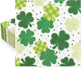 50 Pcs St. Patrick's Day Shamrock Paper Napkins Plaid Clover Dot Disposable Napkins Green Luncheon Dinner Napkins for Irish Holiday Party Table Supplies