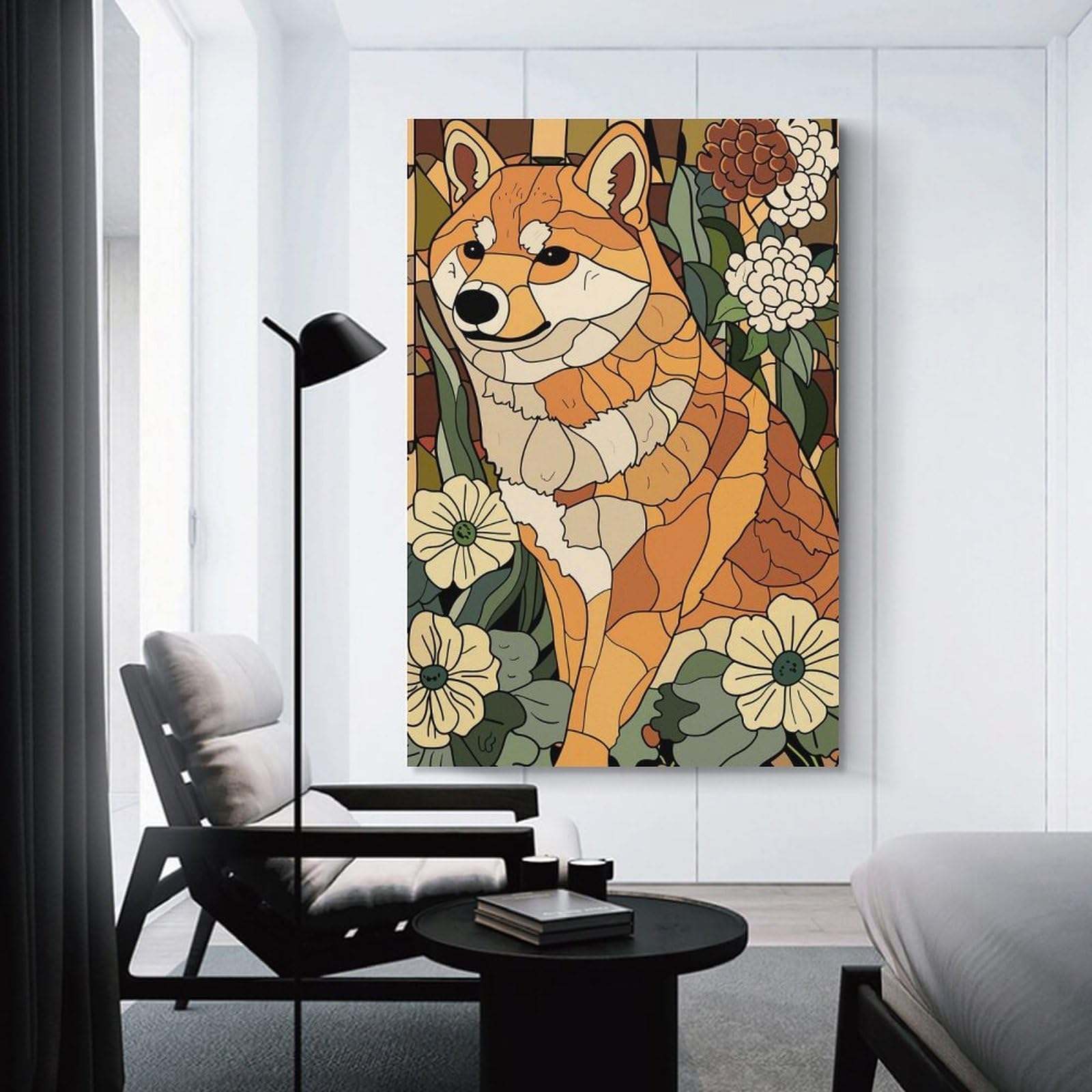 Junmoney Shiba Inu in A Floral Setting Decorative Wall Artwork, 24x36inch(60x90cm), for Work Areas, Reading Rooms Or Studios, Wall Art That Adds Style to Work Areas