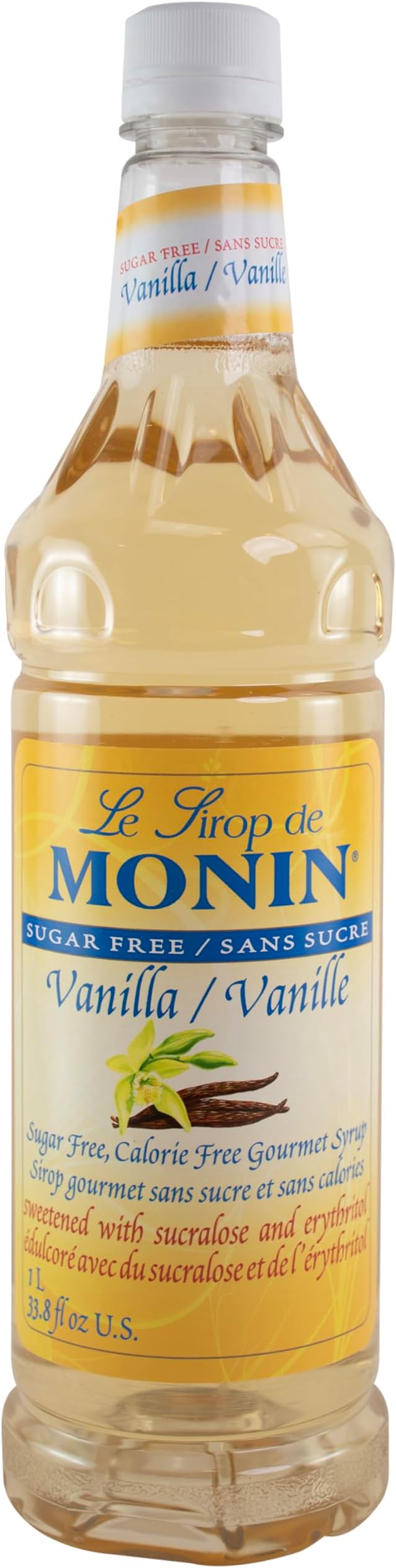 Monin Sugar Free Vanilla Syrup - Vegan, Kosher - 750 ml / 33.8 fl oz | Zero Calorie Vanilla Flavored Syrup for Coffee, Shakes, Lattes, Sodas, Cocktail Mixes, Matcha & More, Gluten Free Flavoring