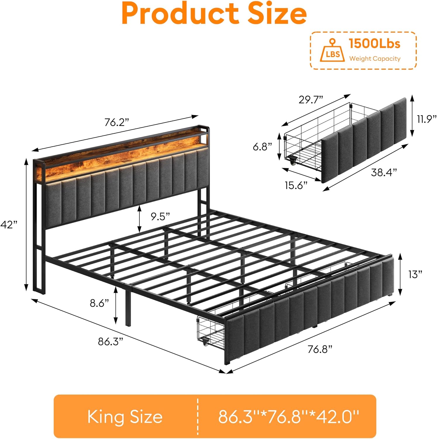 Product dimensions diagram for the King size bed frame.
