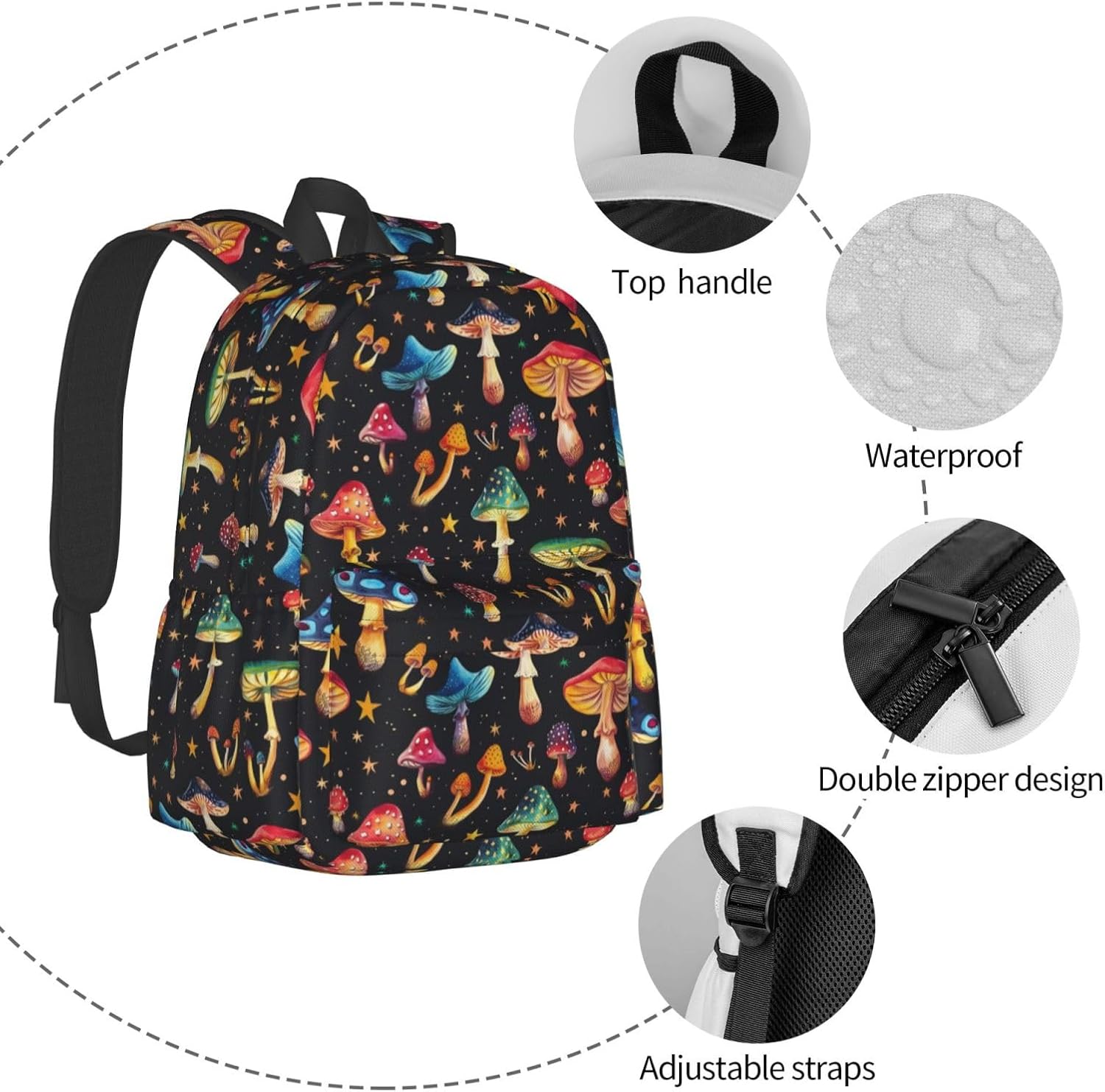 KiuLoam 17 Inch Large Capacity Backpack Colorful Mushrooms Floral Pattern Laptop Backpack Shoulder Bag School Bookbag Casual Daypack For Teenager