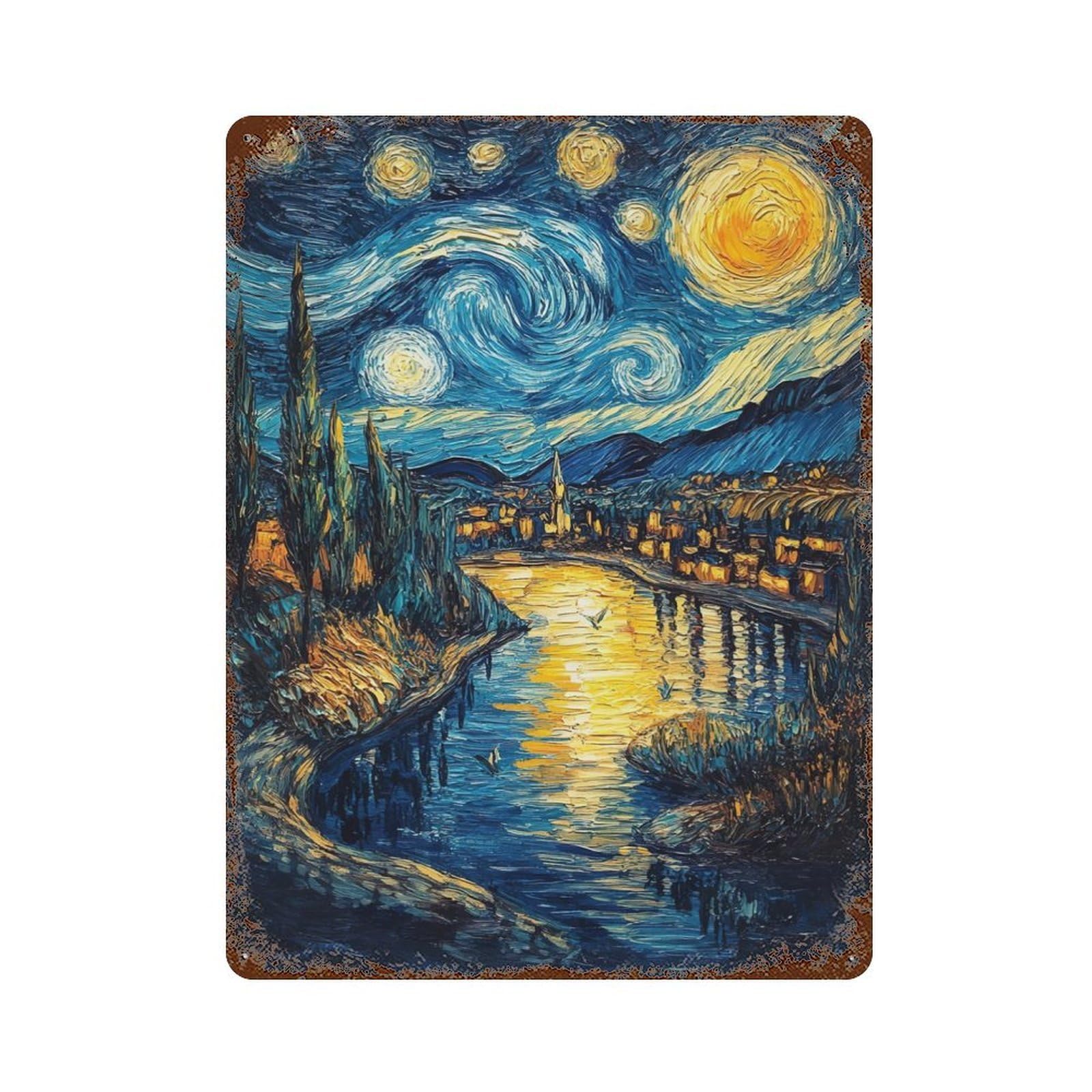 Starry Night Over Town Rustic Tin Plaque 15.7"x11.8", Ideal for Cafe, Home Bar And Lounge Decor