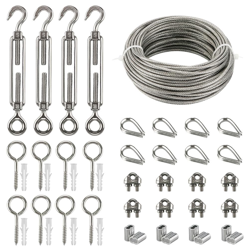 Drahtseil Edelstahl Set, 20M Kletterhilfe Stahlseil mit Spannschlöss Seilspanner M5 Haken+Öse, Ösenschraube, Drahtseilklemmen,Seilkauschen,Alu Seilklemmen,Rankhilfe aus Edelstahl für Kletterpflanzen