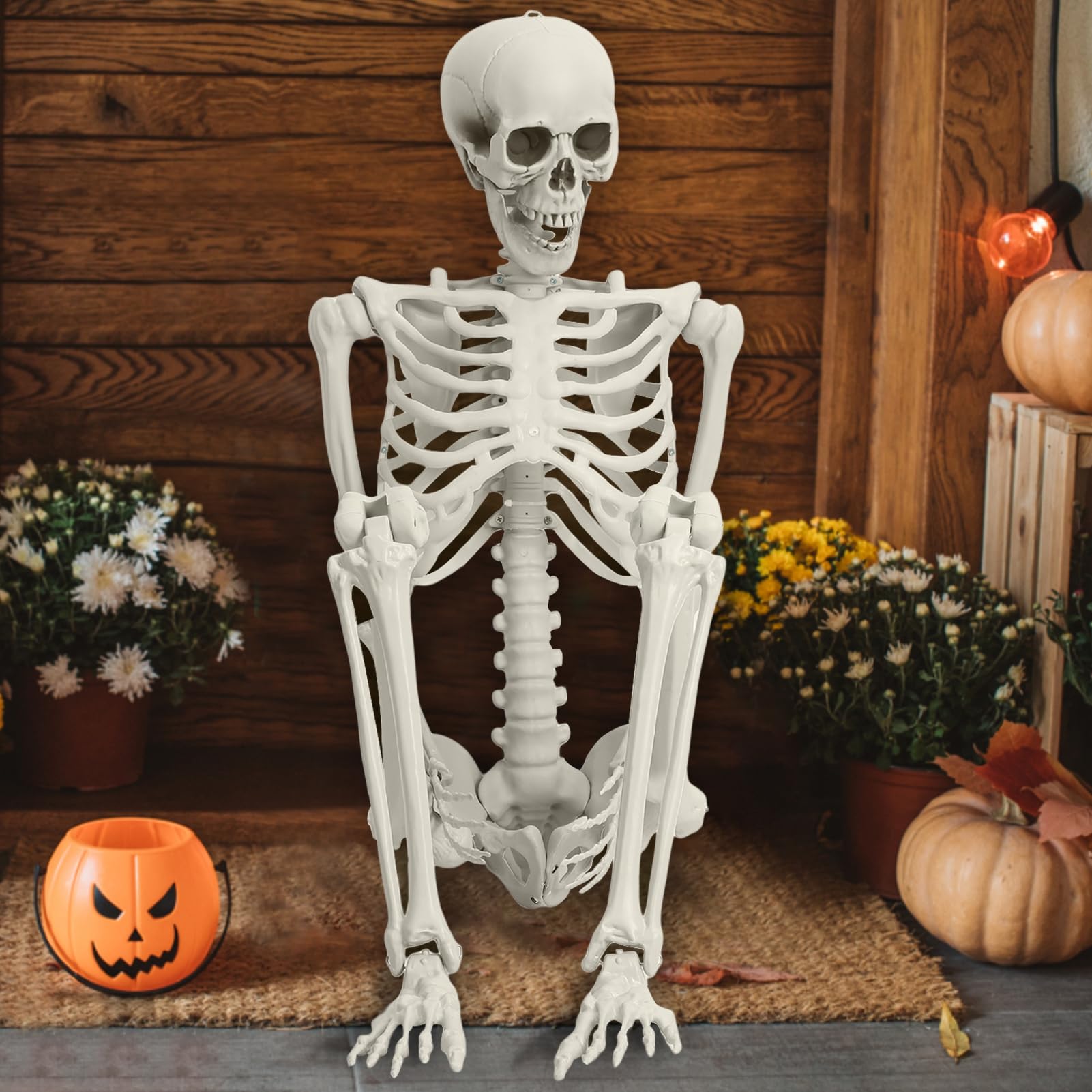 tinysiry 5.4FT Poseable Skeleton Prop Life-Size Human Bones Halloween Decoration, Movable Joints for Posing, Realistic Plastic Skeleton for Haunted House, Bar, School, Outdoor Party Supplies 170cm