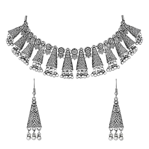 Navratri Ethnic Stylish Silver Oxidised Afghani Ghungroo Choker Necklace Jewellery Set With Earrings (MC193OX)