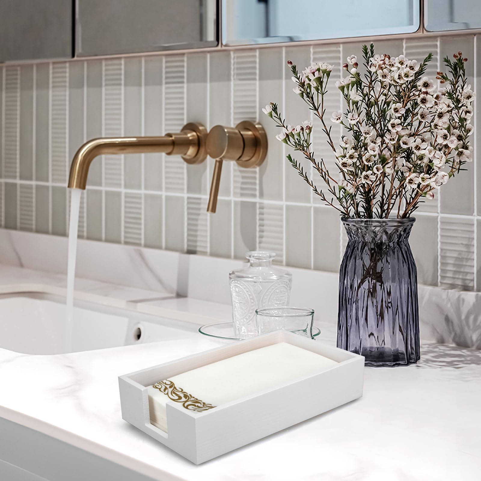 Soporte para toallas de papel para invitados para baño, bandeja plana para servilletas, bandeja de madera blanca para mesa, encimera, servilletero moderno, cesta dispensador de toallas de cocina,