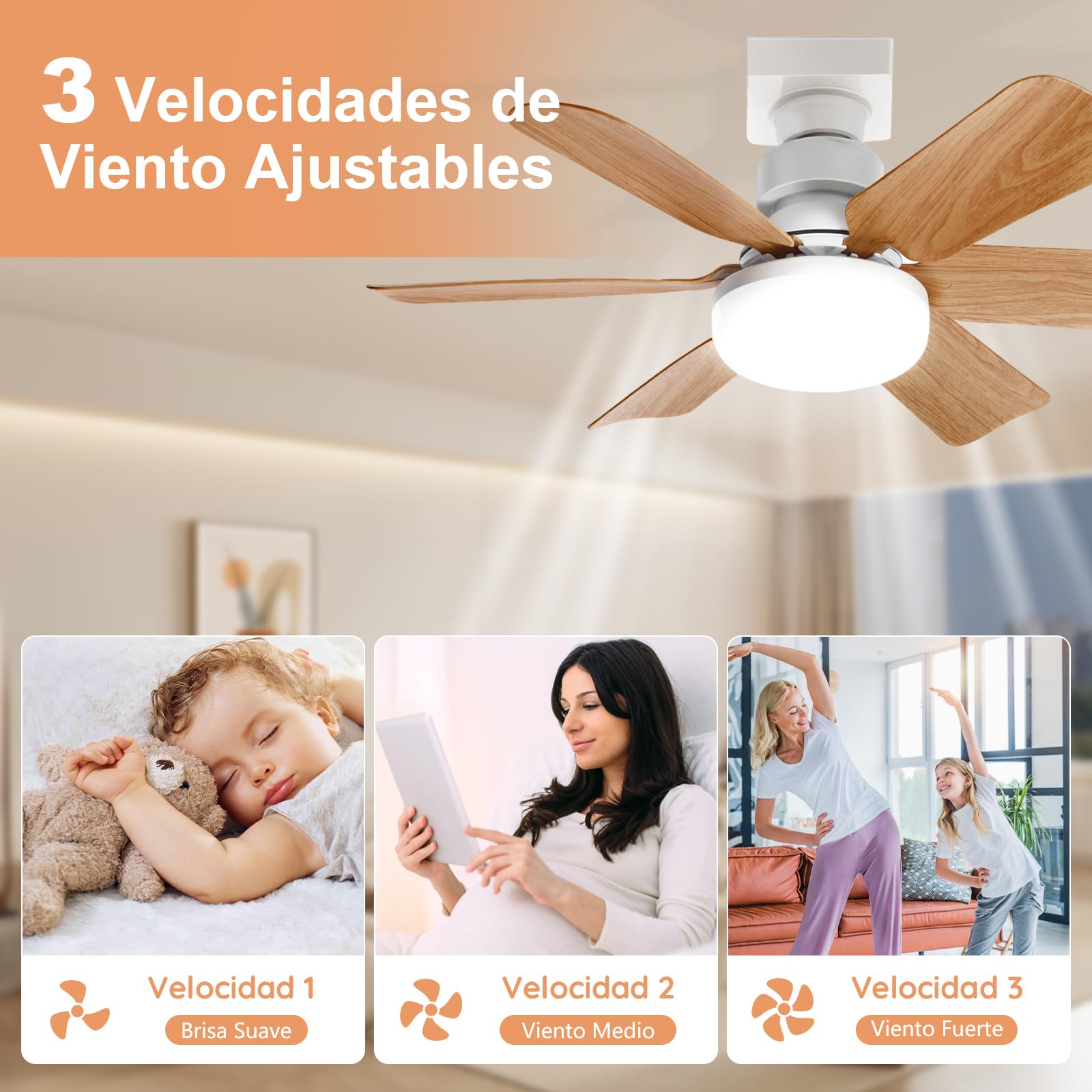 Ventilador de Techo con Luz y Mando a Distancia,51CM,Vetas de Madera,Regulación Continua de Luz, 3 Velocidades, Temperatura de Color Regulable Continua,Para Dormitorio, Balcón, Pasillo y Salón