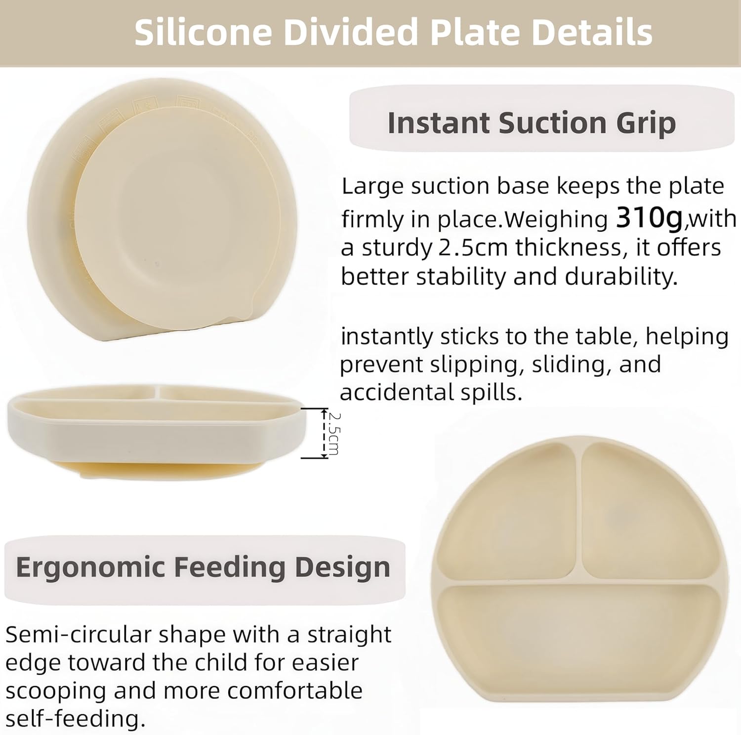 Personalized Name Food Grade 6pcs Baby Feeding Set with Spoon, Fork,Silicone Suction Bowls,Cup,Plate,and bib BPA Free - First Stage Self Feed (Color Khaki Y24)