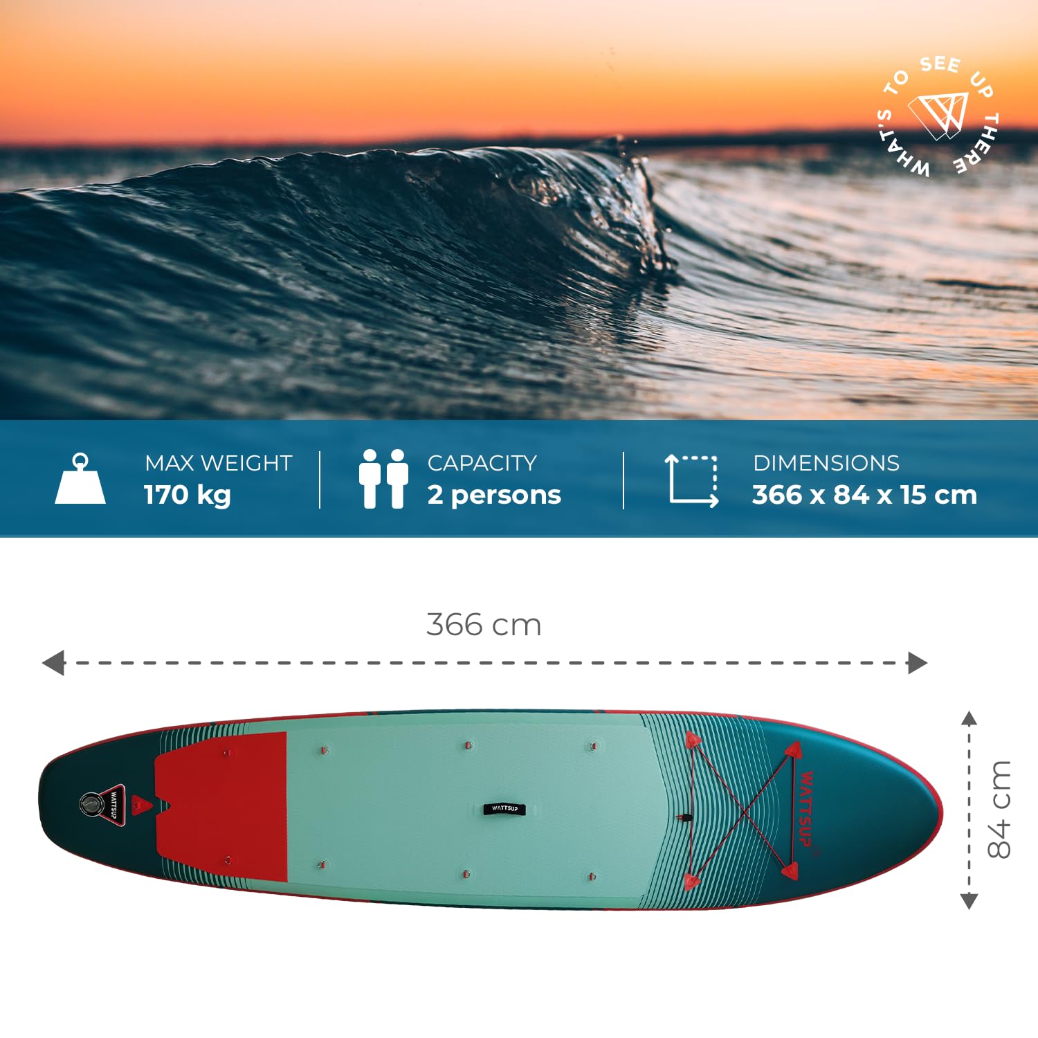 Wattsup - SUP Stand Up Paddle nadmuchiwany F12 12' - 366x84x15 cm Dropstitch - Zestaw kompletny: Wiosło, Smycz, Pompa, Torba transportowa - Do 150 kg - Niebieski