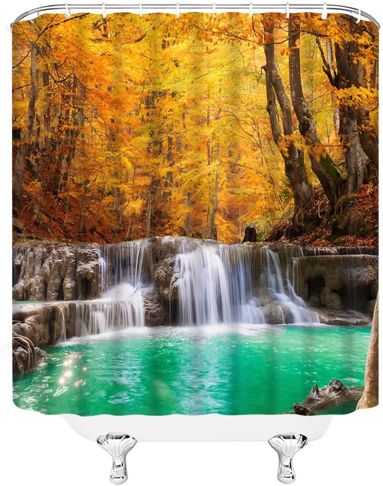 Waterfall Shower Curtain Nature Green Forest Tree Spa Water Lake Landscape Jungle Rainforest Green Jungle Fabric Bathroom Curtains Decor Set with Hook(70" Wx84 H)