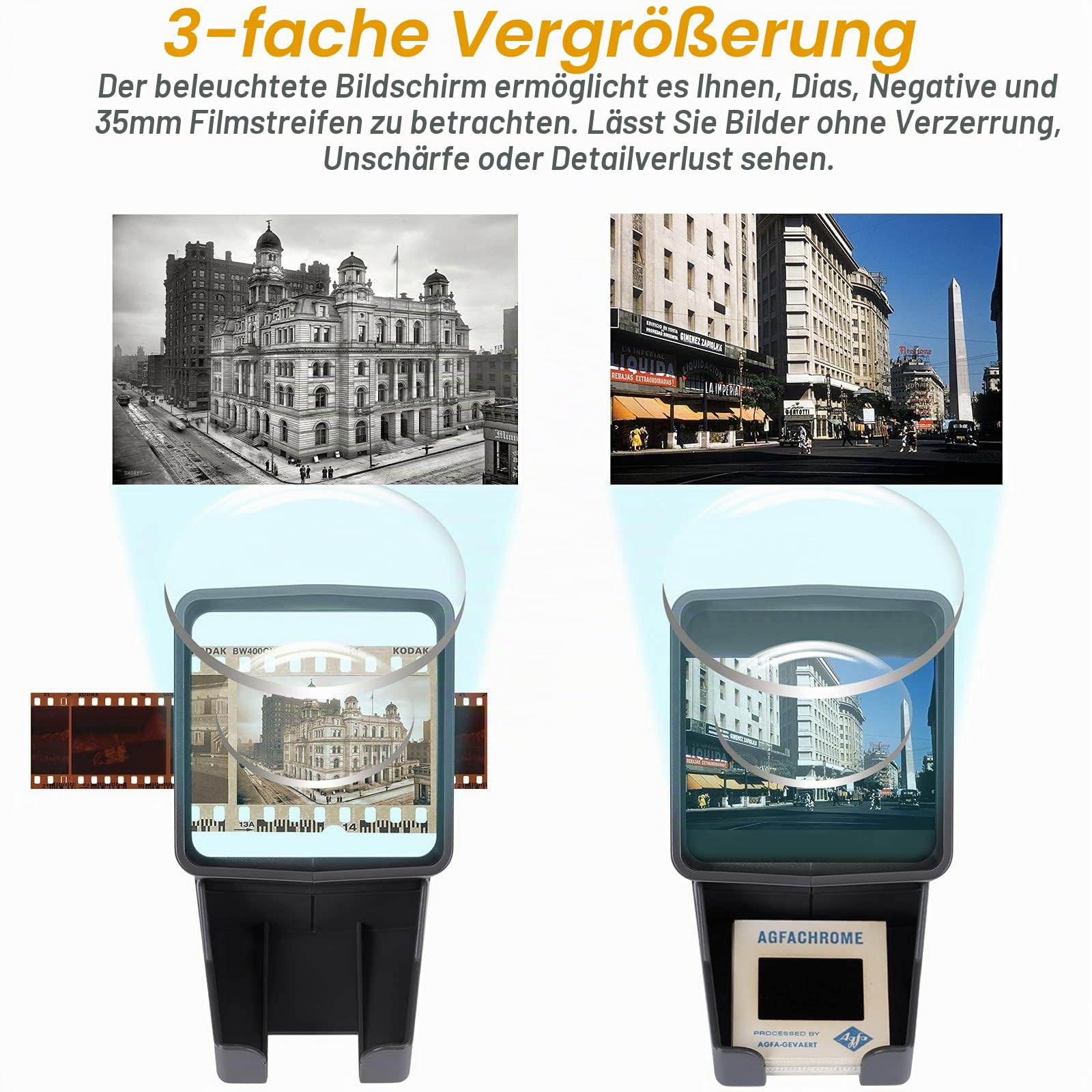 LED Diabetrachter für Alte Dias, 35mm Negativ und Diaprojektor Dia-Betrachter, mit 3-fache Vergrößernder und USB Stromkabel