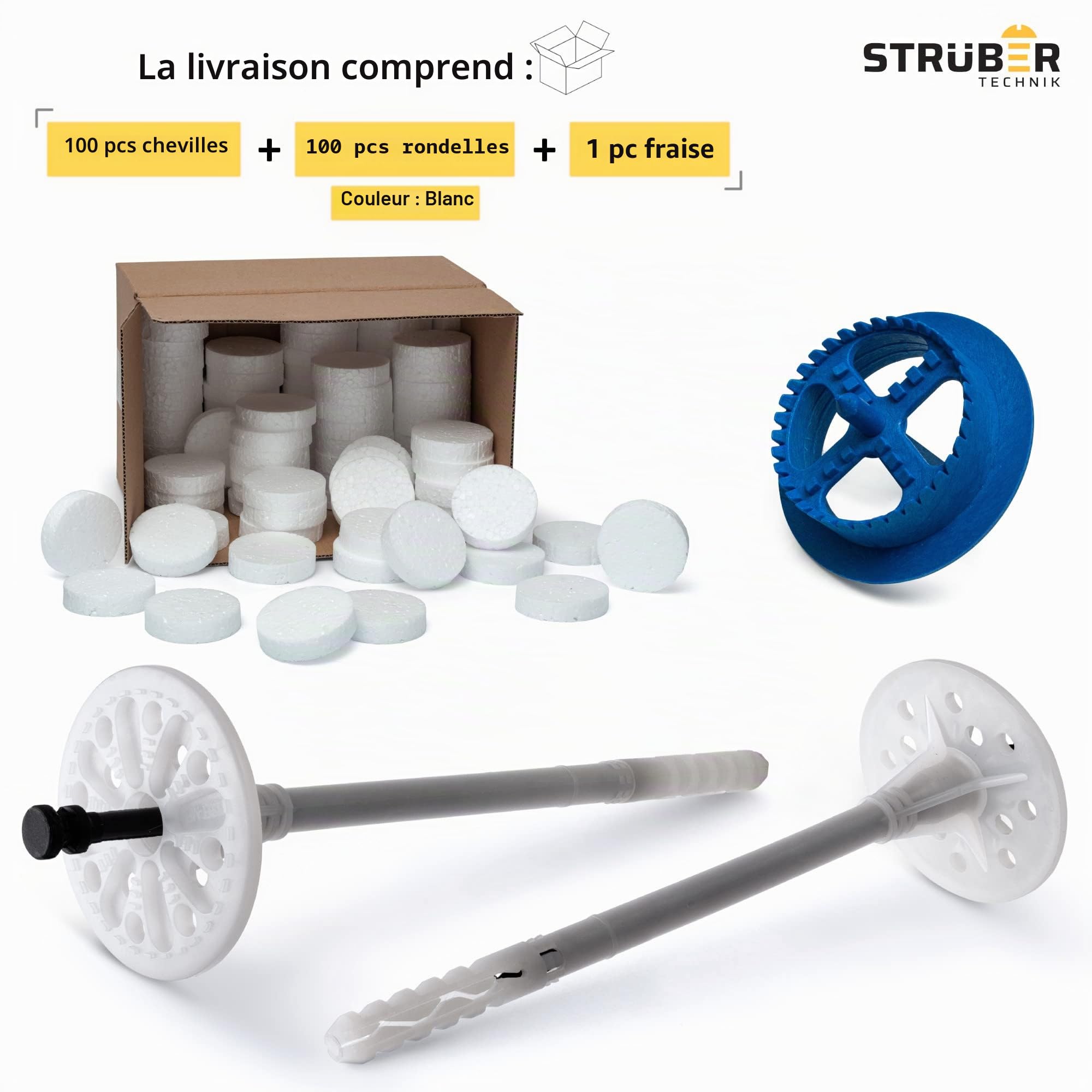 STRÜBER WDVS Lot de 100 chevilles isolantes avec clous en plastique Blanc Ø 10 x 70 mm