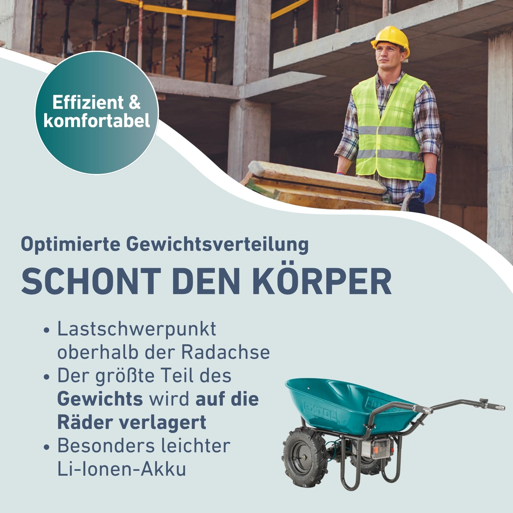 Extol Industrial Elektrische Schubkarre mit Akku I 100L Mulde I 260kg Traglast I 500W I 40V Li-ion mit 6000mAh