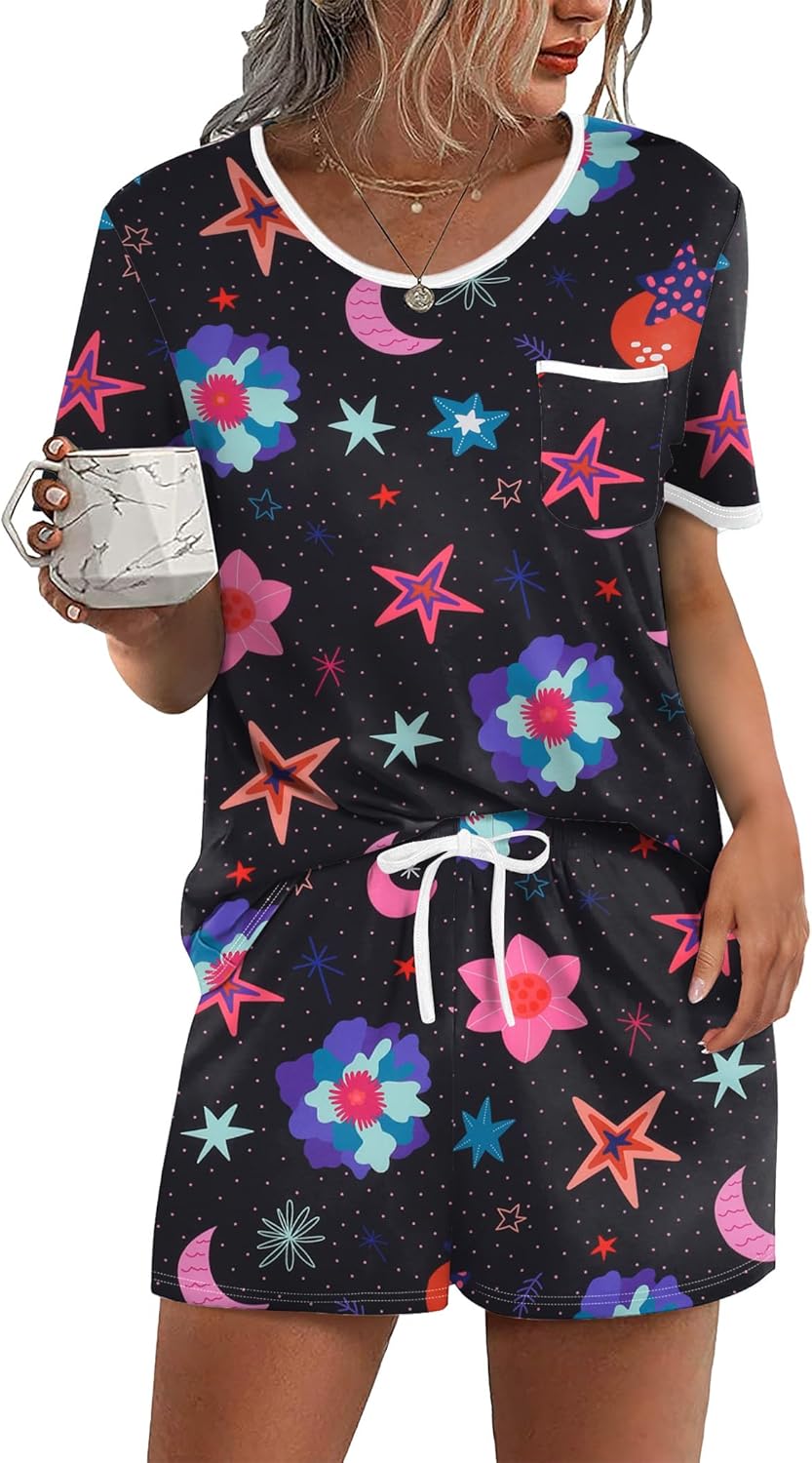 Ekouaer Pajama Set for Women 2 Piece Lounge Set Short Sleeve Tops and Shorts Soft Sleepwear, Chest Pocket