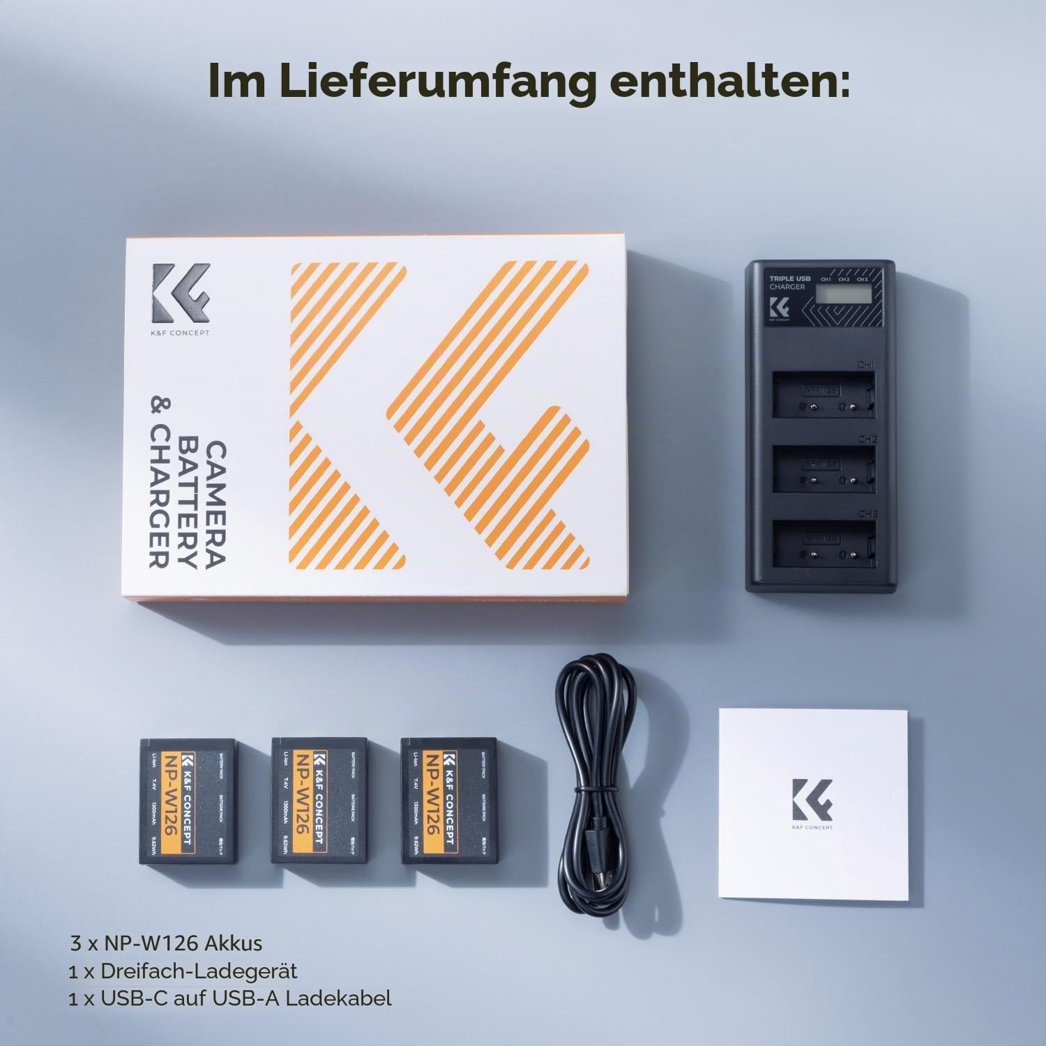 K&F CONCEPT NP-W126 NP-W126S Akku(3er-Pack) und verbessertes 3-Fach-Ladegerät, kompatibel mit Fujilm x Half AKKU XM5, X100VI, X100V, XS10, XT30, XT30 II, XT20, XE4, XE5,A5 Kameras