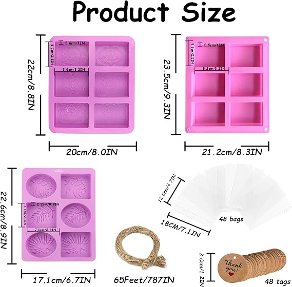 Soap Making Kit with 3 Silicone Molds, 48 Bags, 48 Gift Tags, 65ft Jute Twine Craft Set for Handmade Soaps Beginner & Professional
