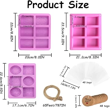 Soap Making Kit with 3 Silicone Molds, 48 Bags, 48 Gift Tags, 65ft Jute Twine Craft Set for Handmade Soaps Beginner & Professional