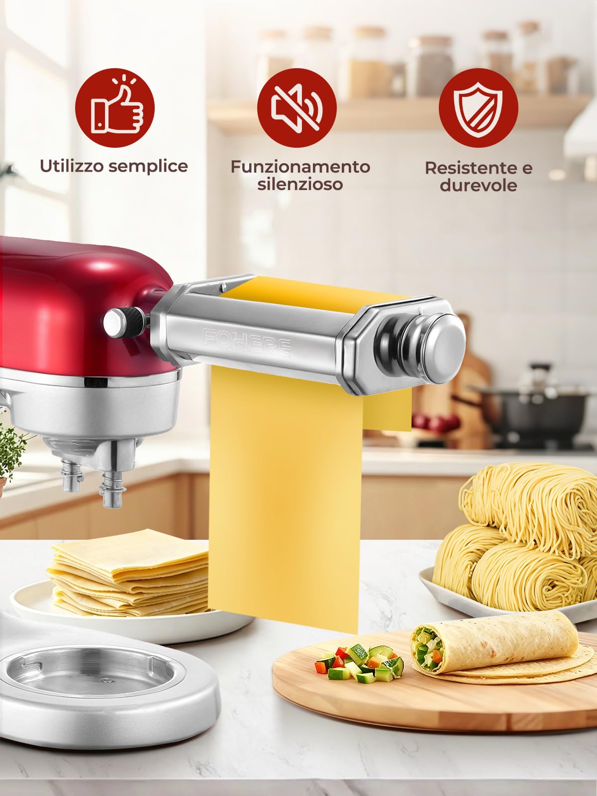 FOHERE Accessorio per Pasta per KitchenAid, Kitchenaid Accessori Inclusi Rollio per Pasta e Spazzola per la Pulizia (7 Spessori Regolabili)