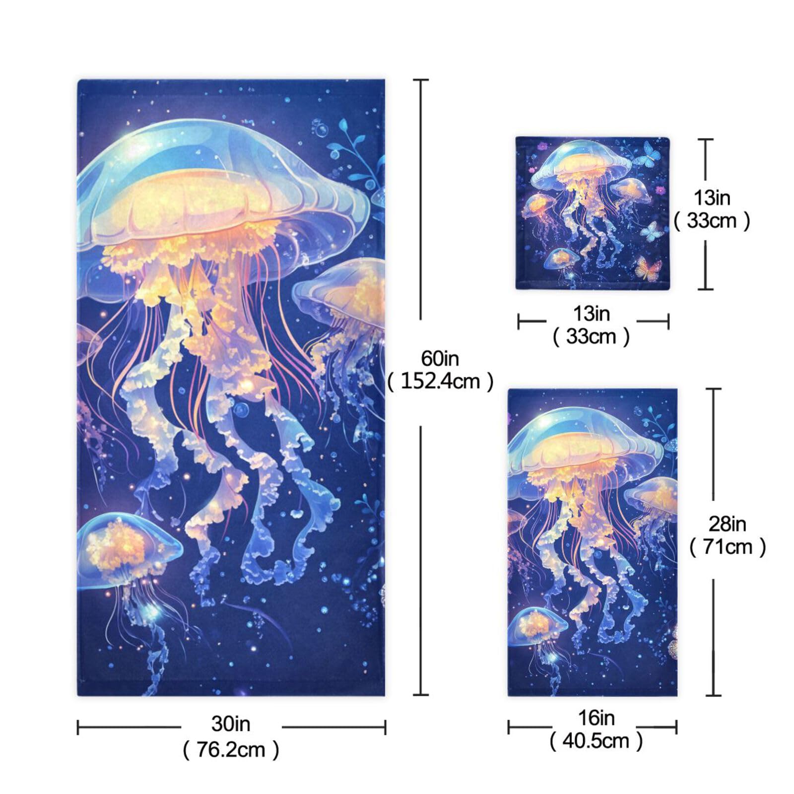 Cartoon Quallen A River Blue Cleaning Face Towels Set 3-teilig, 1 Badetuch, 1 Handtuch, 1 Waschlappen für Zuhause, Küche, Familie