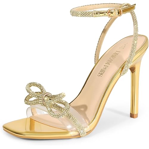 DREAM PAIRS Women's Double Bowknots Crystal Sandals Clear Slingback Heels Square Toe Shoes for Party Wedding