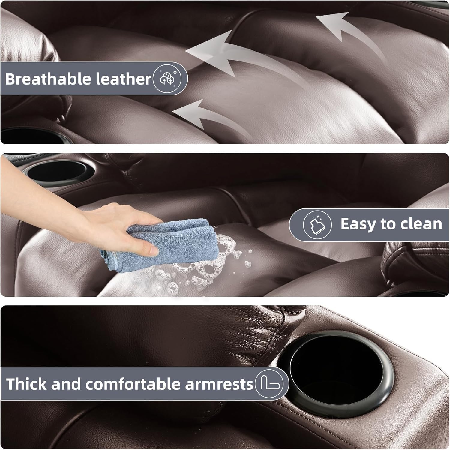 Genuine Leather Recliner Sofa with Oversized Power Lift, Heat and Massage, Remote Control, Cup Holders, USB Charging Ports, and Dual Motor Infinite Position for Adults