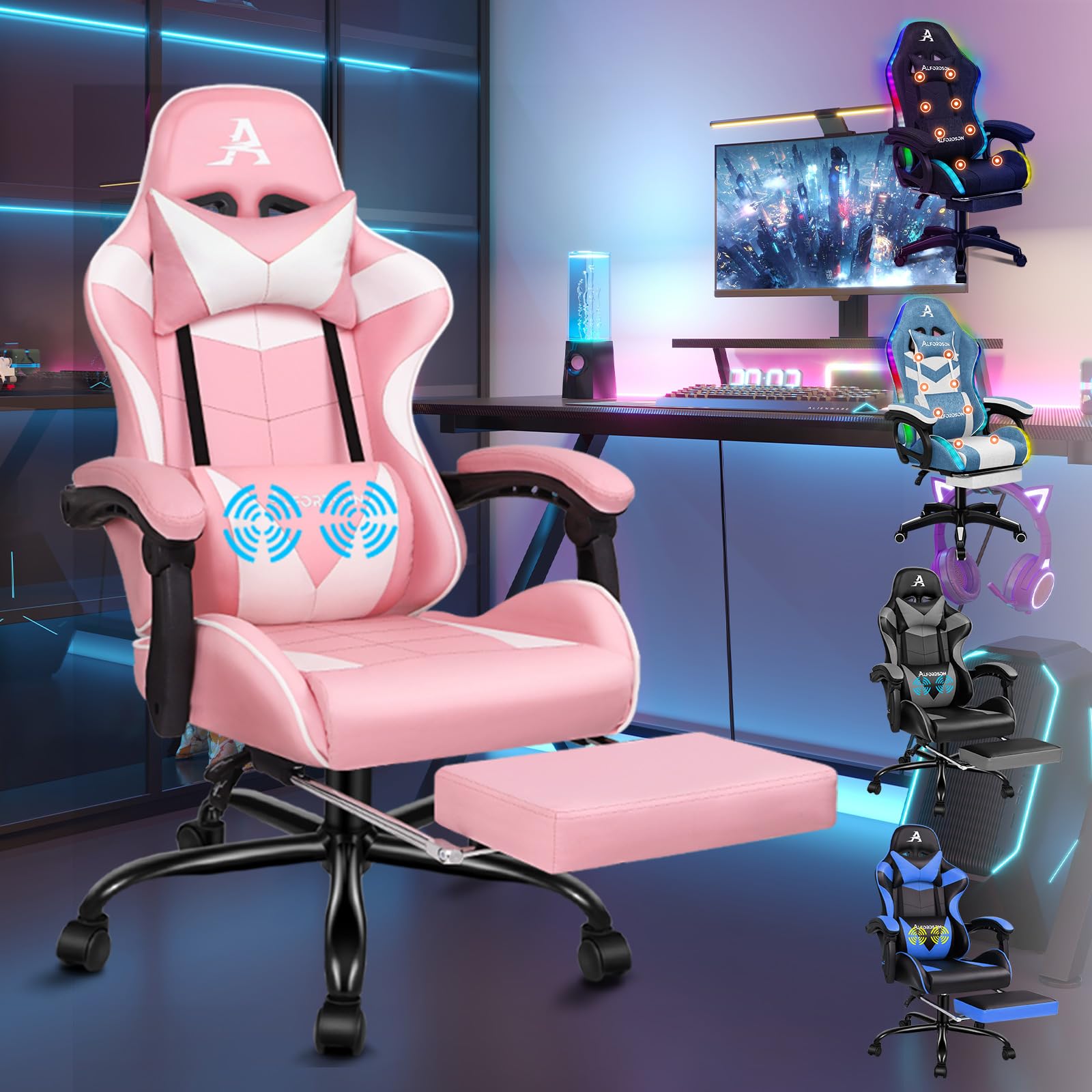 ALFORDSON Silla de Juegos de Masaje, reclinación de 150°, Silla de Oficina ejecutiva ergonómica, Cuero de PU con reposapiés, Altura Ajustable, Silla de Carreras, Capacidad de 180kg, VOGLER, Rosa