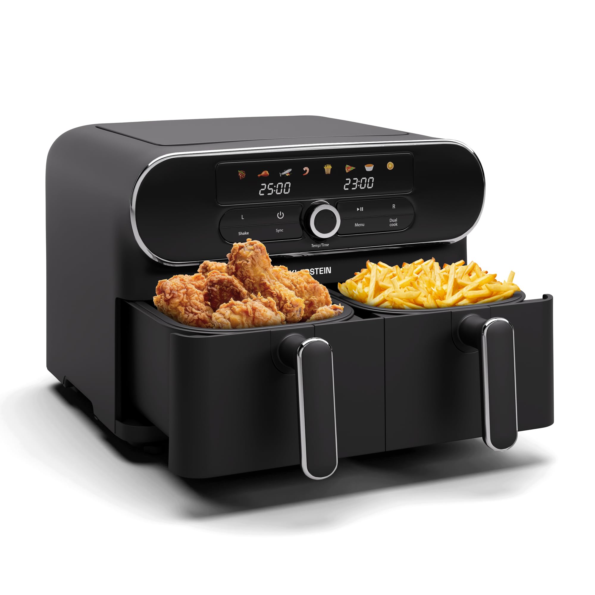 Klarstein AuraAir Color Touch Dual frytkownica na gorące powietrze, 11 l, podwójna komora Airfryer, 1700 W, 8 programów, ekran dotykowy, 75% mniej tłuszczu, nieprzywierająca, ochrona przed